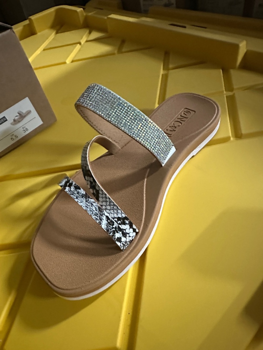 Sparkle Two-Strap Slide Sandal in Brown with Snake Print
